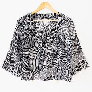 Trina Turk Black and White Tropical Print Cotton/Silk Blend Cropped Tunic Top